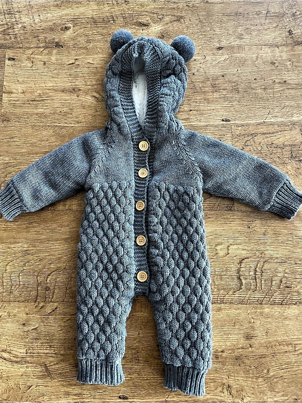 Gray Bear Hooded Knit Bunting Suit